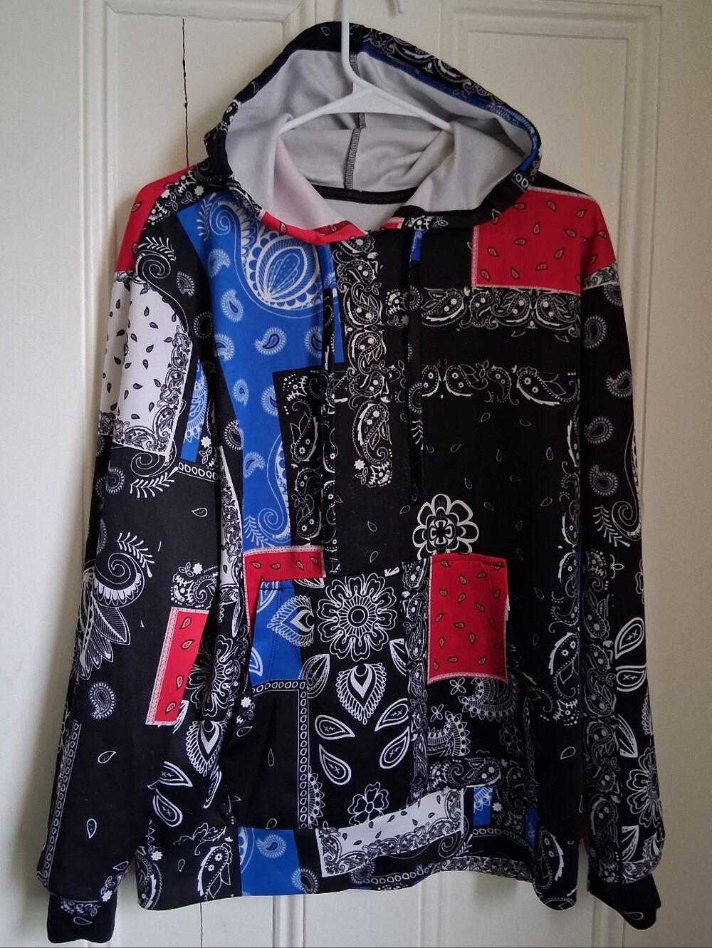 Patchwork Bandana Hooded Pullover - Black, Blue, Red, White